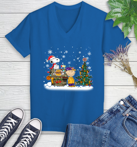 Los Angeles Lakers NBA Basketball Christmas The Peanuts Movie Snoopy Championship Women's V-Neck T-Shirt 10