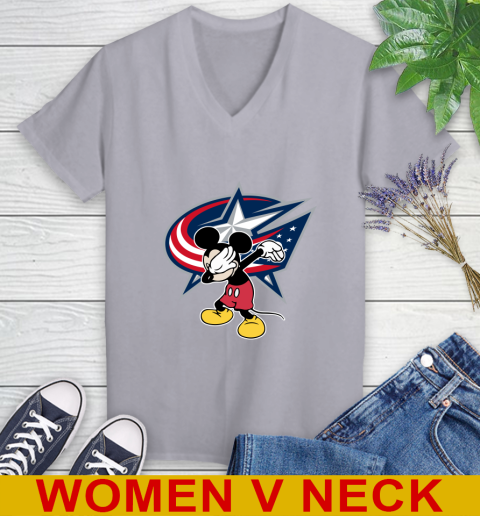 Columbus Blue Jackets NHL Hockey Dabbing Mickey Disney Sports Women's V-Neck T-Shirt 5