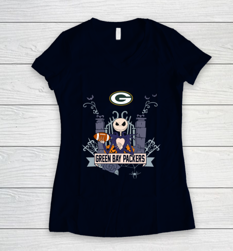 NFL Green Bay Packers Football Jack Skellington Halloween Women's V-Neck T-Shirt 2