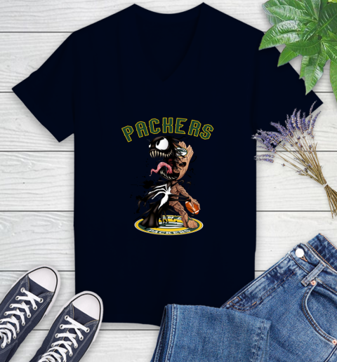 NFL Green Bay Packers Football Venom Groot Guardians Of The Galaxy Women's V-Neck T-Shirt 3