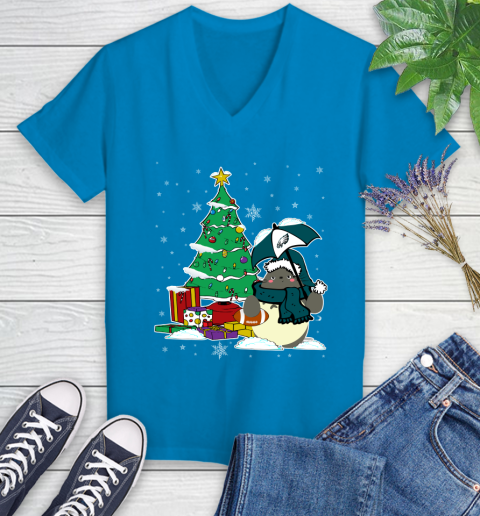 Philadelphia Eagles NFL Football Cute Tonari No Totoro Christmas Sports Women's V-Neck T-Shirt 7