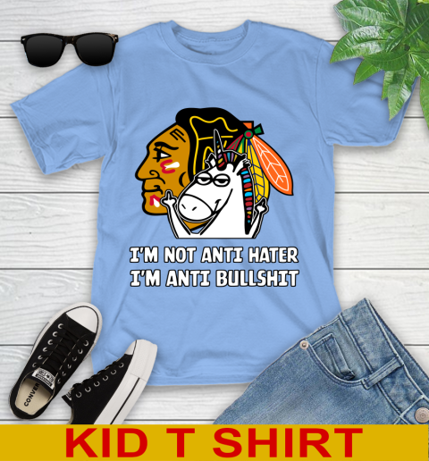 Chicago Blackhawks NHL Hockey Unicorn I'm Not Anti Hater I'm Anti Bullshit Youth T-Shirt 11