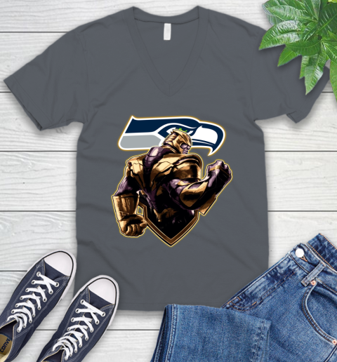 NFL Thanos Avengers Endgame Football Sports Seattle Seahawks V-Neck T-Shirt 5