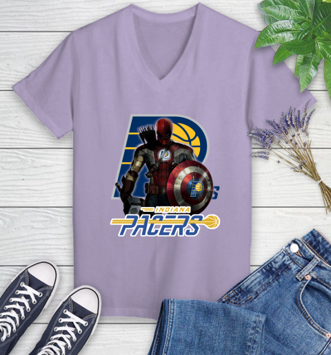 Indiana Pacers NBA Basketball Captain America Thor Spider Man Hawkeye Avengers Women's V-Neck T-Shirt 14