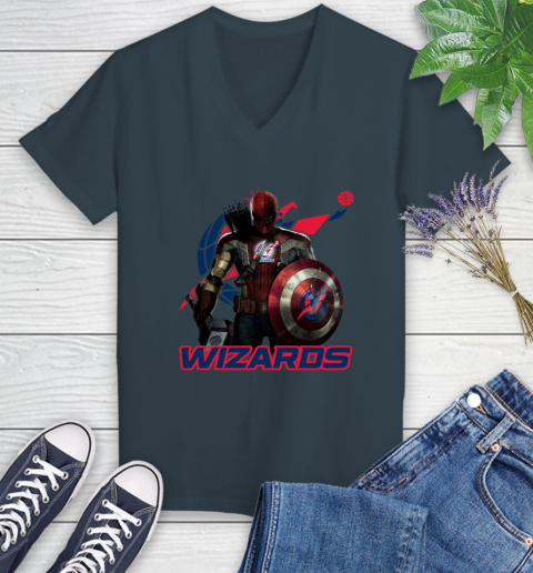 Washington Wizards NBA Basketball Captain America Thor Spider Man Hawkeye Avengers Women's V-Neck T-Shirt 8