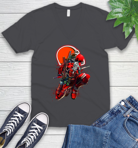 NFL Deadpool Marvel Comics Sports Football Cleveland Browns V-Neck T-Shirt 5