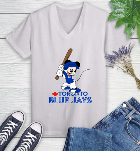 MLB Baseball Toronto Blue Jays Cheerful Mickey Mouse Shirt Women's V-Neck T-Shirt 2