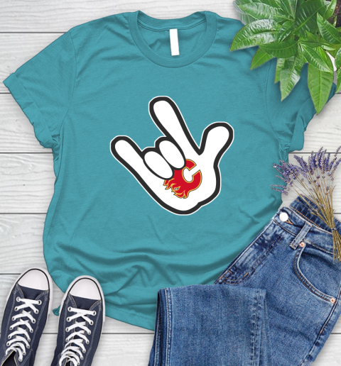 Calgary Flames NHL Hockey Mickey Rock Hand Disney Women's T-Shirt 12