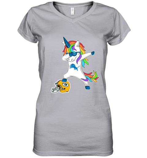 Football Dabbing Unicorn Steps On Helmet Detroit Lions Women's V-Neck T-Shirt
