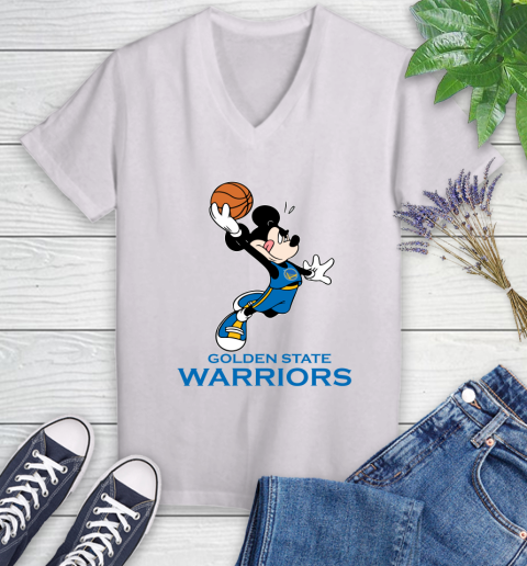 NBA Basketball Golden State Warriors Cheerful Mickey Mouse Shirt Women's V-Neck T-Shirt 2