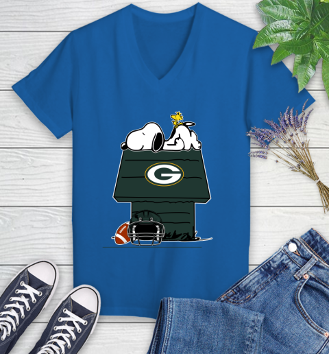 Green Bay Packers NFL Football Snoopy Woodstock The Peanuts Movie Women's V-Neck T-Shirt 10