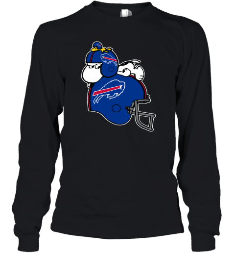 izdv snoopy and woodstock resting on buffalo bills helmet youth long sleeve 50 front black