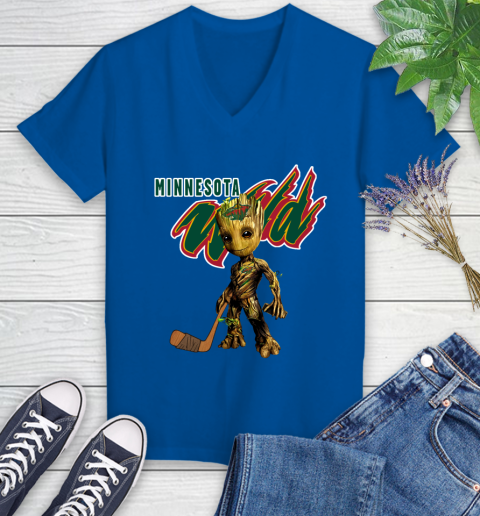 Minnesota Wild NHL Hockey Groot Marvel Guardians Of The Galaxy Women's V-Neck T-Shirt 10