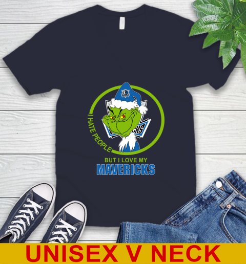Dallas Mavericks NBA Christmas Grinch I Hate People But I Love My Favorite Basketball Team V-Neck T-Shirt 3