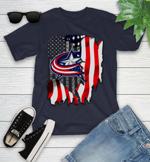 Columbus Blue Jackets NHL Hockey American Flag Youth T-Shirt - Image 3