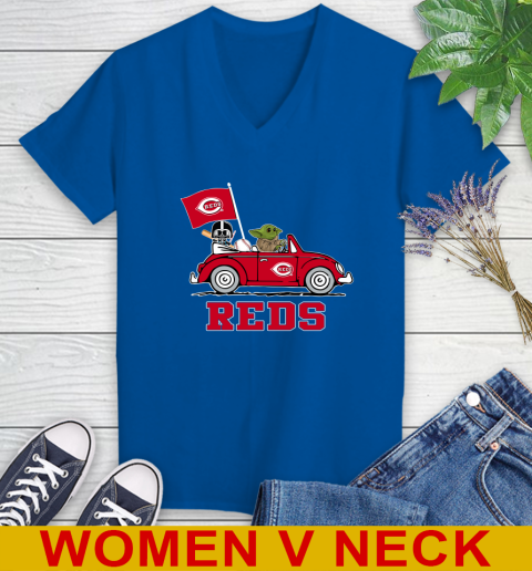MLB Baseball Cincinnati Reds Darth Vader Baby Yoda Driving Star Wars Shirt Women's V-Neck T-Shirt 11