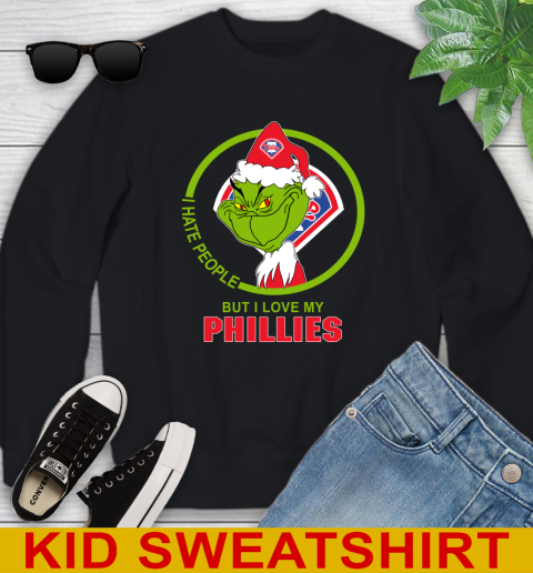 Philadelphia Phillies MLB Christmas Grinch I Hate People But I Love My Favorite Baseball Team Youth Sweatshirt 2