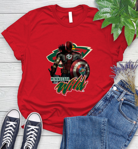 NHL Captain America Thor Spider Man Hawkeye Avengers Endgame Hockey Minnesota Wild Women's T-Shirt 9
