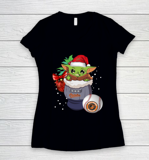 Baltimore Orioles Christmas Baby Yoda Star Wars Funny Happy MLB Women's V-Neck T-Shirt