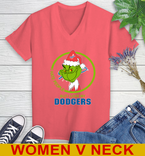 Los Angeles Dodgers MLB Christmas Grinch I Hate People But I Love My Favorite Baseball Team Women's V-Neck T-Shirt 7