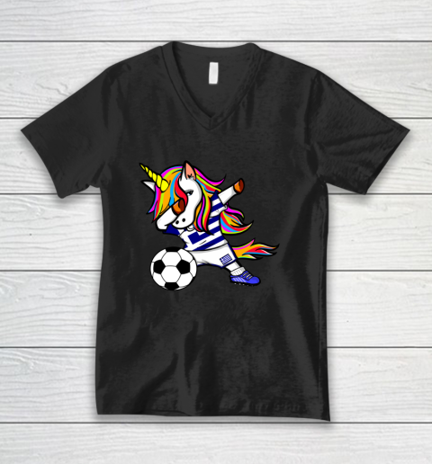 Funny Dabbing Unicorn Greece Football Greek Flag Soccer V-Neck T-Shirt