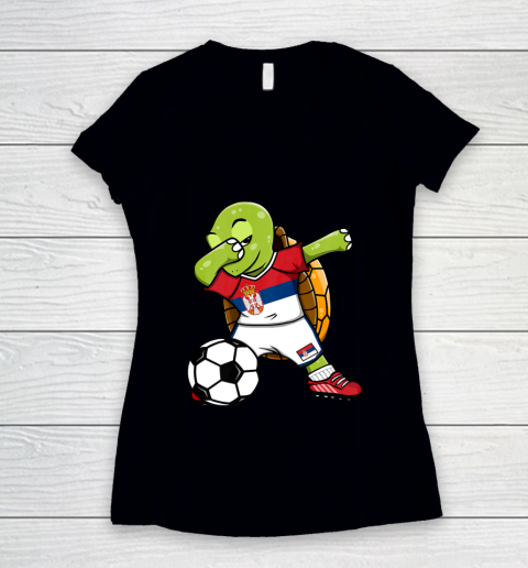 Dabbing Turtle Serbia Soccer Fans Jersey Serbian Football Women's V-Neck T-Shirt