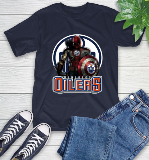 NHL Captain America Thor Spider Man Hawkeye Avengers Endgame Hockey Edmonton Oilers T-Shirt 4