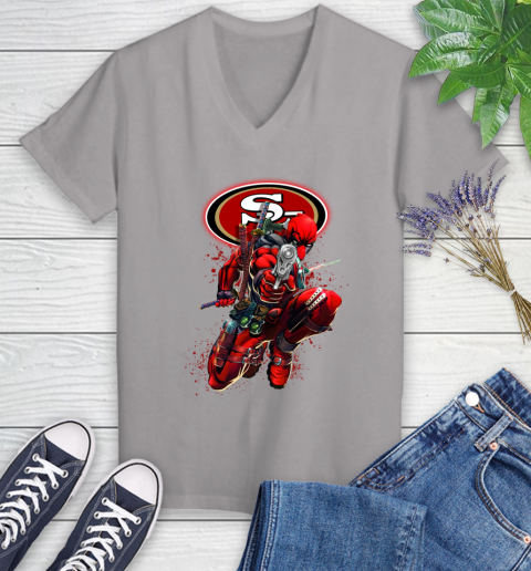 NFL Deadpool Marvel Comics Sports Football San Francisco 49ers Women's V-Neck T-Shirt 4