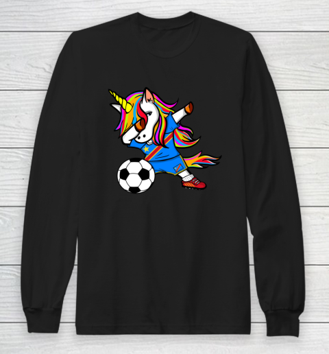 Dabbing Unicorn DR Congo Football Congolese Flag Soccer Long Sleeve T-Shirt