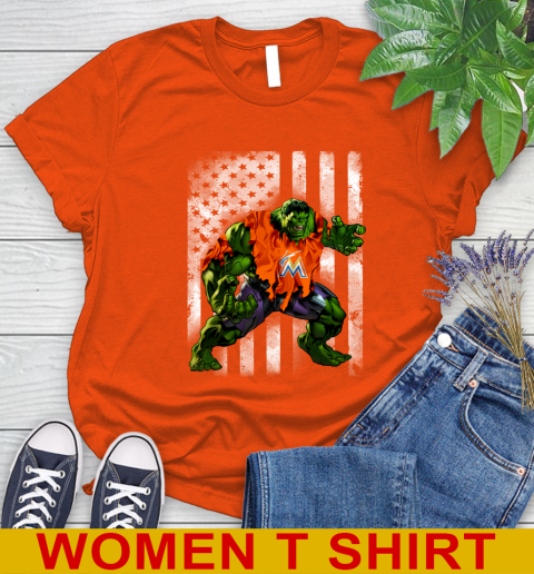 Miami Marlins Hulk Marvel Avengers MLB Baseball American Flag Women's T-Shirt 3