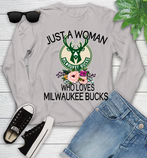 NBA Just A Woman Who Loves Milwaukee Bucks Basketball Sports Youth Long Sleeve 9