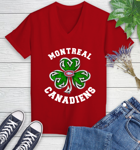 NHL Montreal Canadiens Three Leaf Clover St Patrick's Day Hockey Sports Women's V-Neck T-Shirt 11