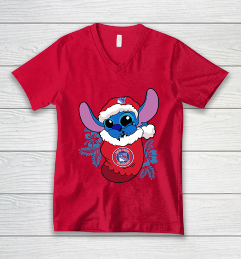 New York Rangers Christmas Stitch In The Sock Funny Disney NHL V-Neck T-Shirt 7