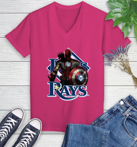 MLB Captain America Thor Spider Man Hawkeye Avengers Endgame Baseball Tampa Bay Rays Women's V-Neck T-Shirt 9