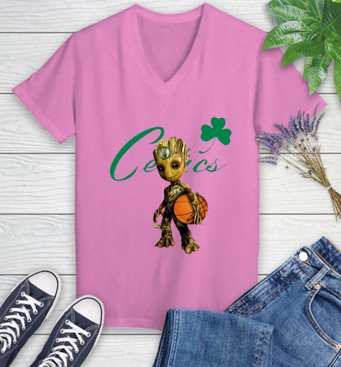Boston Celtics NBA Basketball Groot Marvel Guardians Of The Galaxy Women's V-Neck T-Shirt 14
