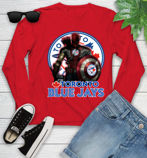 MLB Captain America Thor Spider Man Hawkeye Avengers Endgame Baseball Toronto Blue Jays Youth Long Sleeve 11