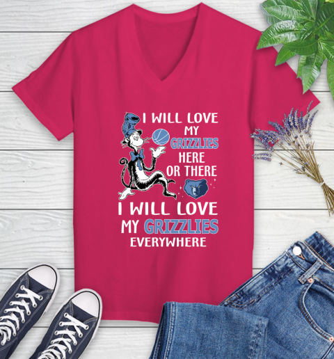 NBA Basketball Memphis Grizzlies I Will Love My Grizzlies Everywhere Dr Seuss Shirt Women's V-Neck T-Shirt 7