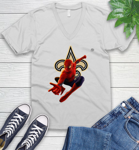 NFL Spider Man Avengers Endgame Football New Orleans Saints V-Neck T-Shirt