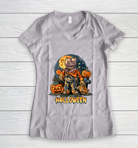 Pumpkin Cat Character for Halloween Women's V-Neck T-Shirt