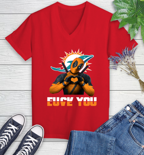 NHL Miami Dolphins Deadpool Love You Fuck You Football Sports Women's V-Neck T-Shirt 11
