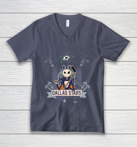 NHL Dallas Stars Hockey Jack Skellington Halloween V-Neck T-Shirt 7