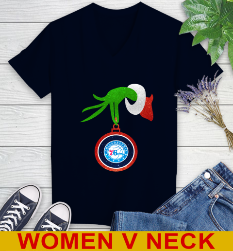 Philadelphia 76ers Grinch Merry Christmas NBA Basketball Women's V-Neck T-Shirt 3