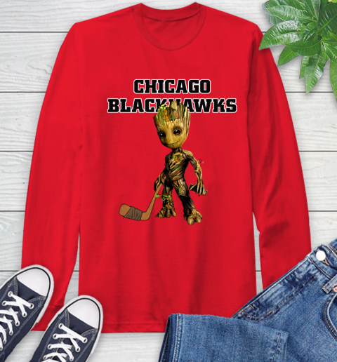Chicago Blackhawks NHL Hockey Groot Marvel Guardians Of The Galaxy Long Sleeve T-Shirt 10