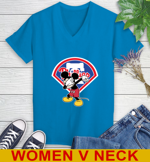 Philadelphia Phillies MLB Baseball Dabbing Mickey Disney Sports Women's V-Neck T-Shirt 8