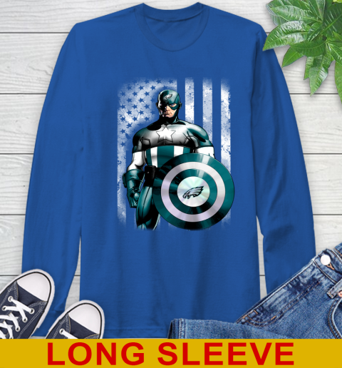Philadelphia Eagles NFL Football Captain America Marvel Avengers American Flag Shirt Long Sleeve T-Shirt - Image 12