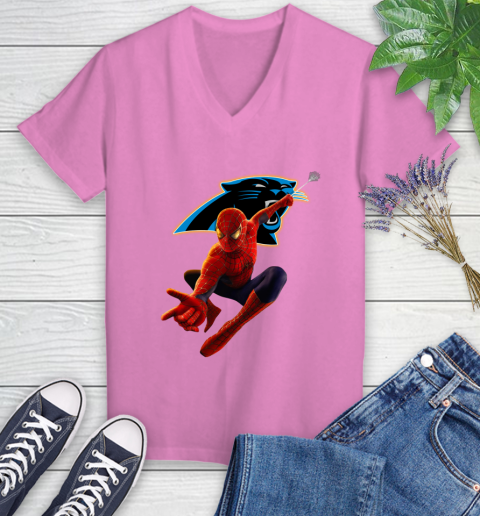 NFL Spider Man Avengers Endgame Football Carolina Panthers Women's V-Neck T-Shirt 14