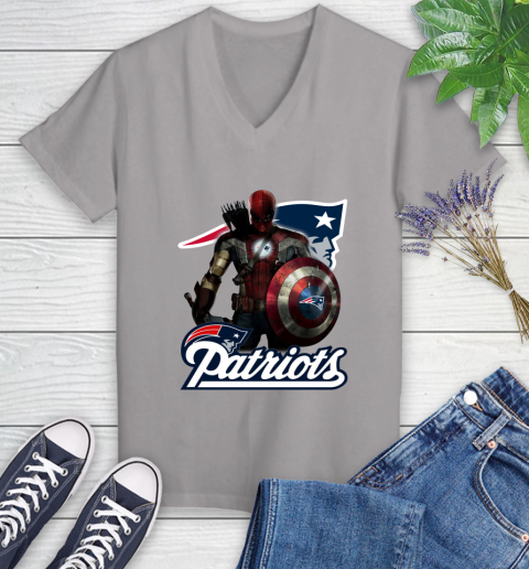 NFL Captain America Thor Spider Man Hawkeye Avengers Endgame Football New England Patriots Women's V-Neck T-Shirt 4