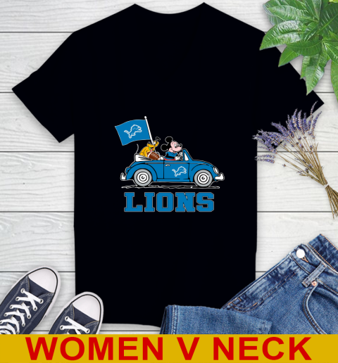 NFL Football Detroit Lions Pluto Mickey Driving Disney Shirt Women's V-Neck T-Shirt 2