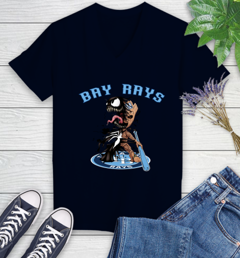 MLB Tampa Bay Rays Baseball Venom Groot Guardians Of The Galaxy Women's V-Neck T-Shirt 3
