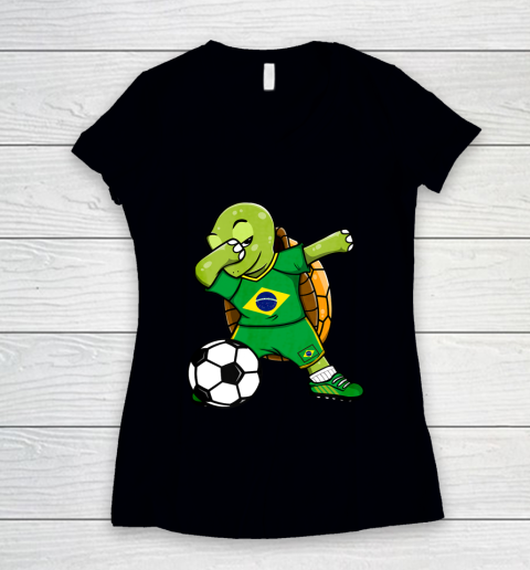 Dabbing Turtle Brazil Soccer Fans Jersey Brazilian Football Women's V-Neck T-Shirt